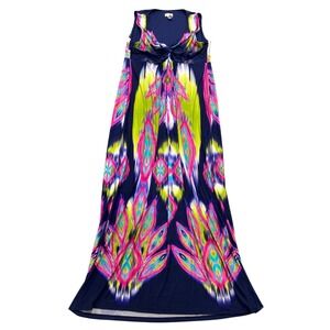 Chico's Maxi Dress Womens 3 Large XL Navy Blue Ikat Abstract Knot Front Summer